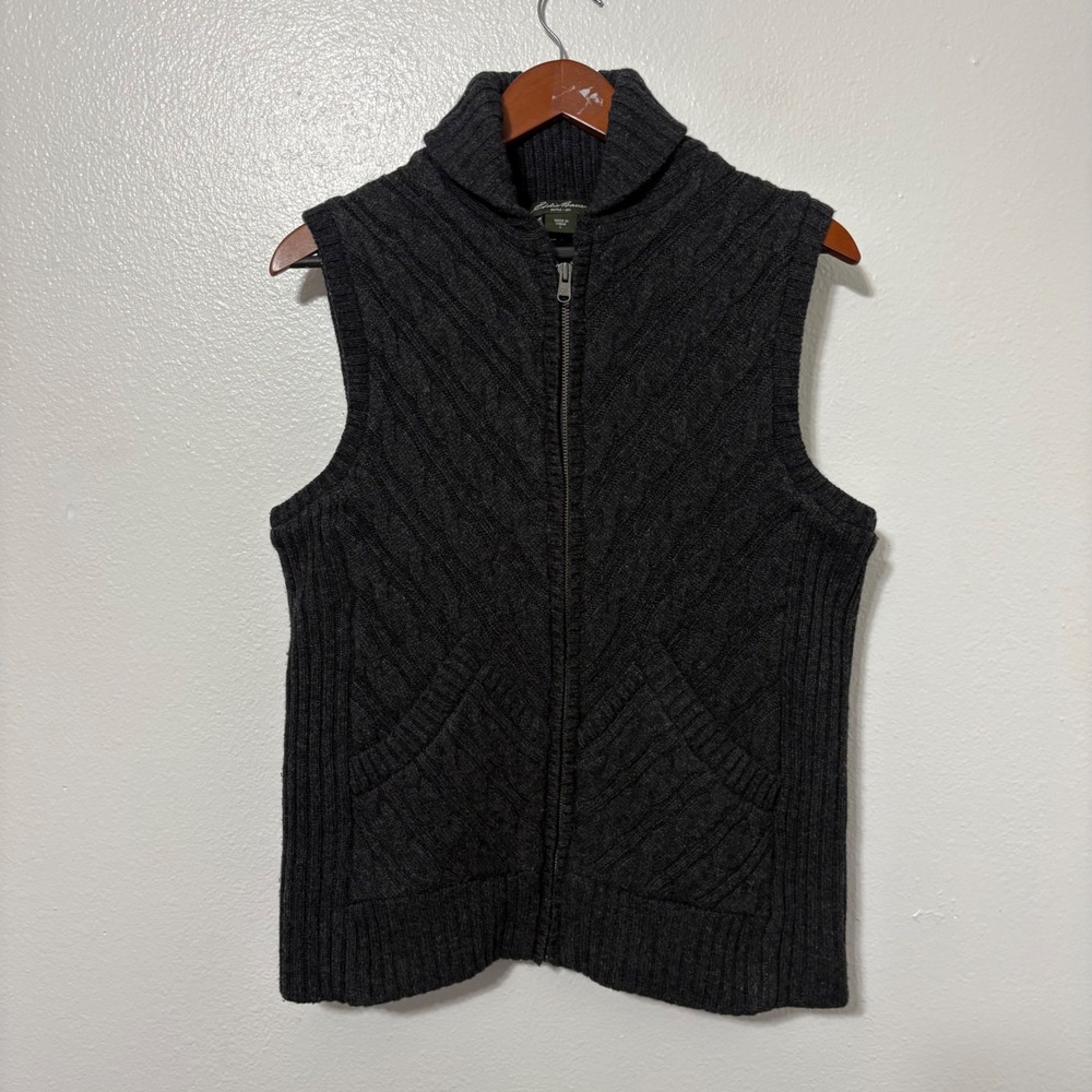 Eddie Bauer Size Large Gray Wool Cable Knit Full Zip Insulated Vest Outdoor